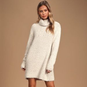 Lulus Sweet Whispers Ivory Multi Eyelash Knit Turtleneck Sweater Dress